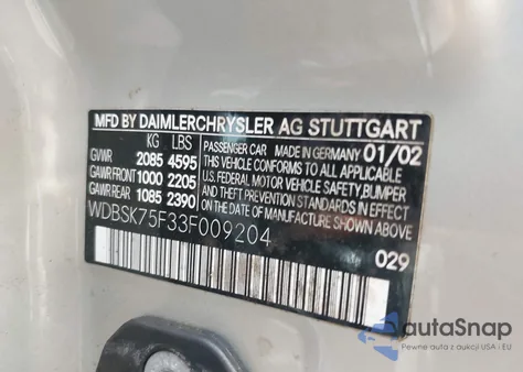 2003 Mercedes-Benz Sl 500 from USA, damaged, VIN WDBSK75F33F009204